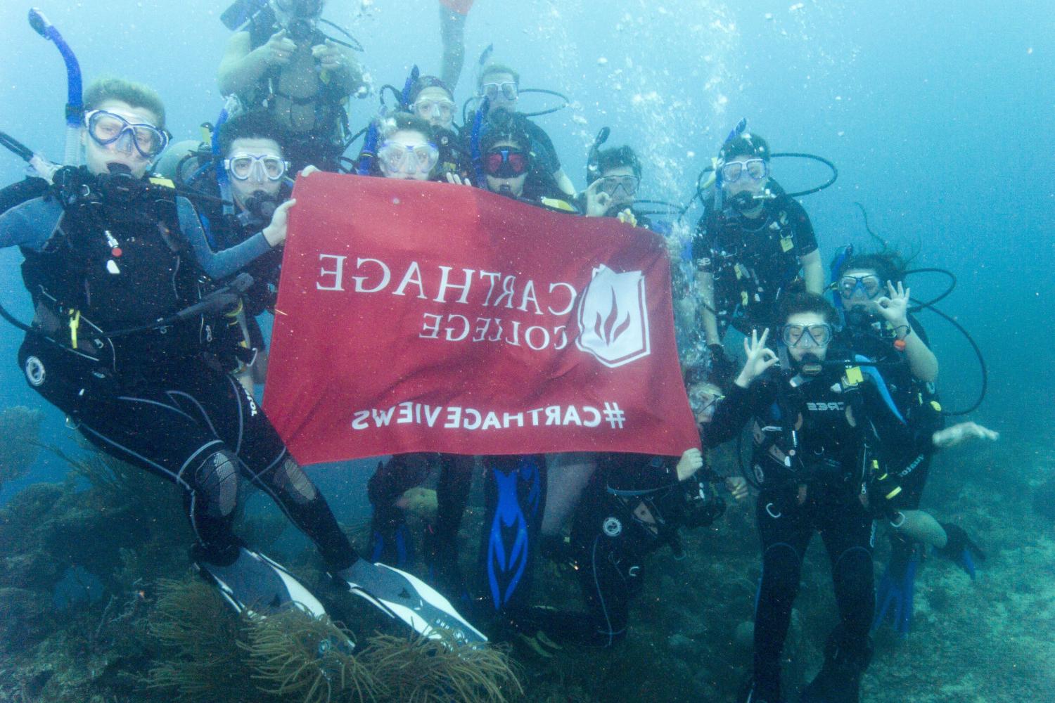 学生们手持<a href='http://m.tiemles.com'>bv伟德ios下载</a>旗帜，在j学期洪都拉斯游学之旅中潜水.